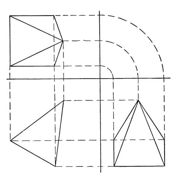 Drehen Der Quadratischen Pyramide Verschiedenen Quadranten Vintage Linienzeichnung Oder Gravierillustration — Stockvektor