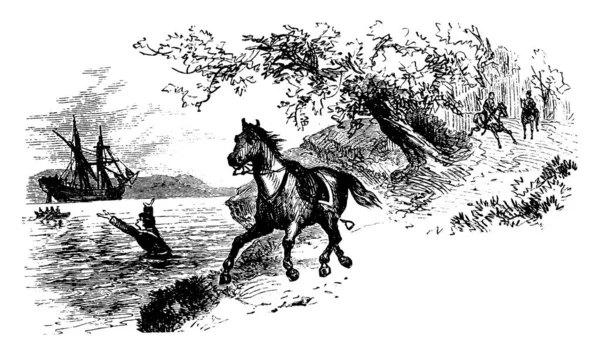 用马背上和游泳 复古线条画或雕刻图来描绘Champe中士逃跑的图画 — 图库矢量图片