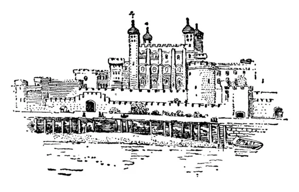 런던의 역사적 Tower London 중심부 강변에 역사적 성으로 무기고 그리고 — 스톡 벡터