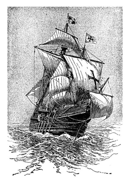 A typical representation of the Santa Maria, a ship that came to America with Columbus, vintage line drawing or engraving illustration.