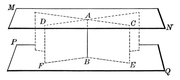 两个平行平面之间的两个交叉平面 复古线条绘图或雕刻插图 — 图库矢量图片