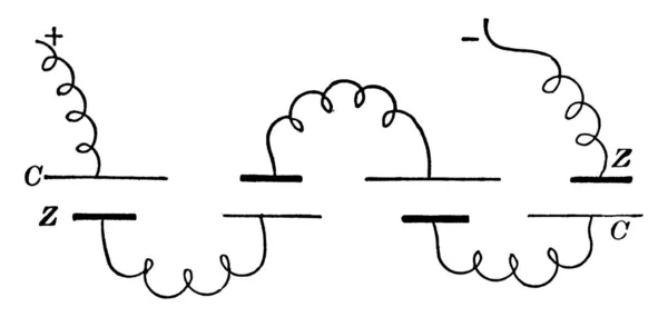 一种实验装置 表明如果几个单元格连接在一起 使其中一个单元格的正版与另一个单元格的负版连接起来 那么它们就被称为串联在一起或连接在一系列 老式线条绘图或刻字图上 — 图库矢量图片