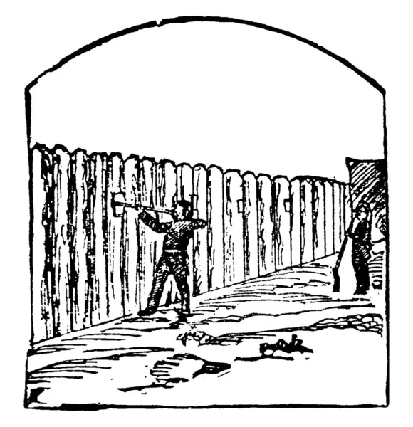 直立した木柱又は杭から形成される障壁で 特に攻撃に対する防御として 又は動物を監禁するための手段として ヴィンテージの線画若しくは彫刻のイラスト — ストックベクタ
