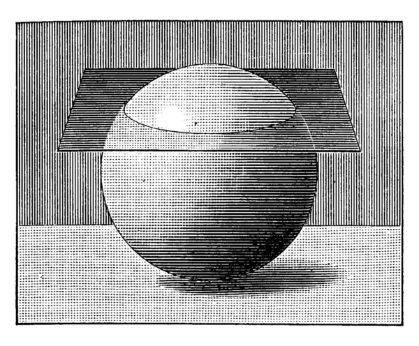 球体的球面与平面形成圆的交点 老式线条绘图或雕刻图解 — 图库矢量图片
