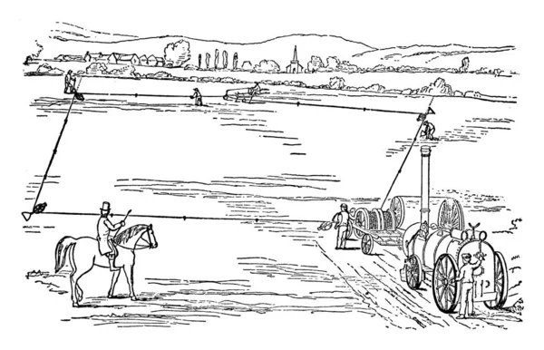 一个男人骑着马 看着农场里很少有人操作史密斯蒸汽机的例子 蒸汽机是用来在农场里犁地的蒸汽机 用来画老旧的线条或雕刻插图 — 图库矢量图片