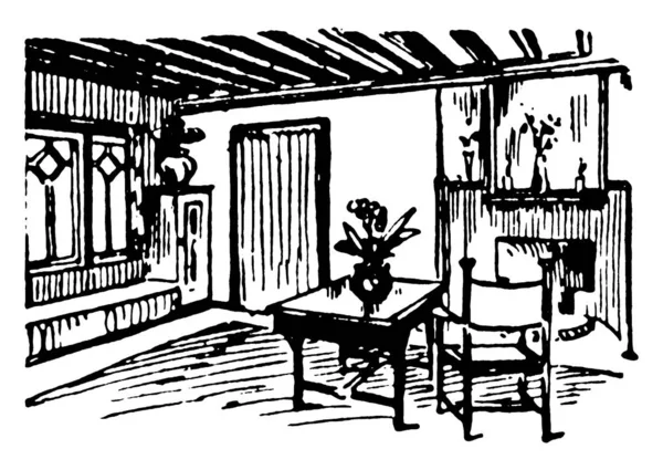 Imagen Representa Una Mesa Una Silla Junto Chimenea Una Habitación — Archivo Imágenes Vectoriales