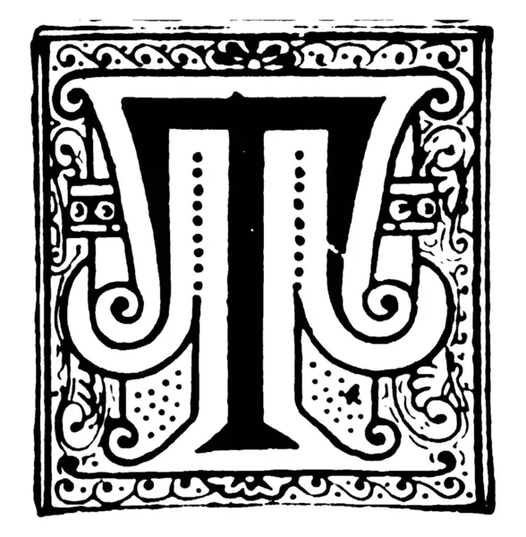 中央に装飾されたアルファベットの 大文字T で始まる装飾Tは 空想の渦に囲まれ デザインを繰り返し 水平フレーム上の花の装飾 ヴィンテージラインの図面や彫刻イラスト — ストックベクタ
