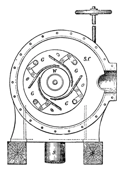 反作用涡轮 用于发电 其运行情况由牛顿第三运动定律 老旧线条绘图或雕刻图解描述 — 图库矢量图片