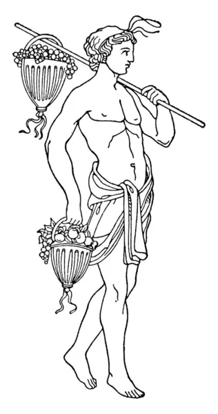 그리스 신화에서 과일과 바구니를 가지고 루터교인의 전형적 빈티지 선그리기나 점그리기 — 스톡 벡터