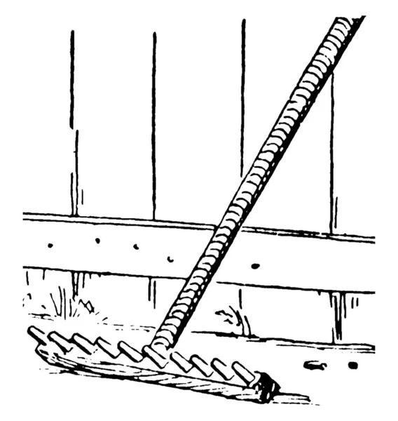 Kép Egy Kerítésnek Támaszkodó Gereblyét Ábrázol Amelyet Padlóról Származó Szennyeződések — Stock Vector