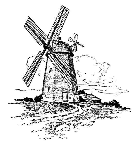 这是一个古老的风车时代 风车是一种利用大型叶片将风能转化为旋转能的结构 这种旋转能通过与发电机的连接 即老线路D 转换成电力 — 图库矢量图片