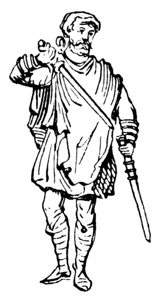 軍の衣装 服やアクセサリーの典型的な表現は サクソン人が身に着けていた ここに示すのは この衣装の男であり そのカバー ヴィンテージライン図面や彫刻イラストに剣を配置しようとしています — ストックベクタ