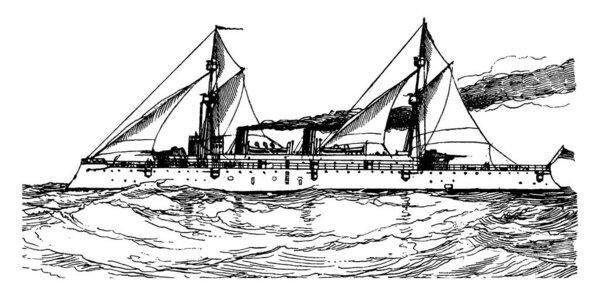 A typical representation of a ship, a large boat for transporting people or goods by sea, sailing on the sea, vintage line drawing or engraving illustration 