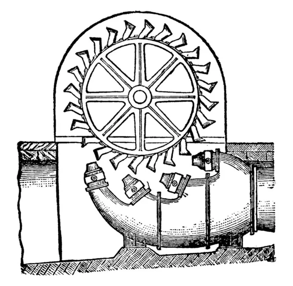 터빈은 1823 디즈니론에 발명되었으며 일반적으로 압력을 구멍을 빠져나가는 구동되는 바퀴에 — 스톡 벡터