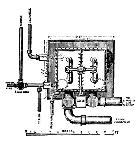 バルブ 卒業スケール 水パイプと3ウェイコック ヴィンテージライン図面や彫刻イラストで構成されているヒスロップのスクラバーの典型的な表現 — ストックベクタ