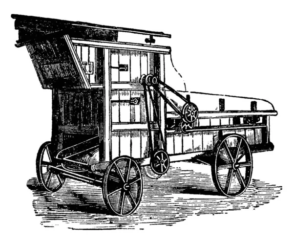 便携式播种机 Portable Threshing Machine 是一种农业机械 主要用于谷类脱粒 并将种子从茎和稻壳中分离出来 它最初是由安德鲁 梅克尔发明的 古老的线条绘画或雕刻插图 — 图库矢量图片