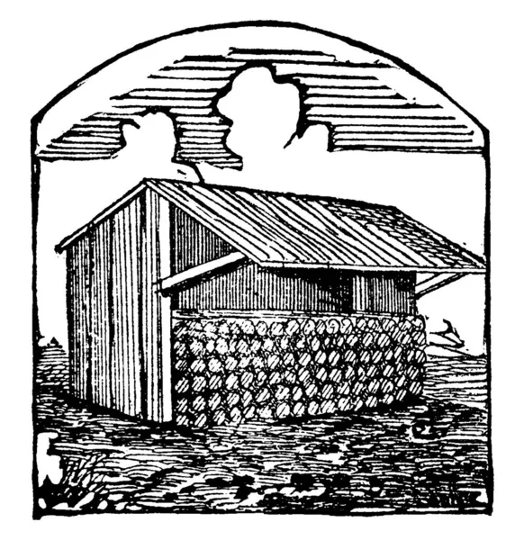 Ein Holzhaus Zum Lagern Von Holz Vintage Linienzeichnung Oder Gravierillustration — Stockvektor