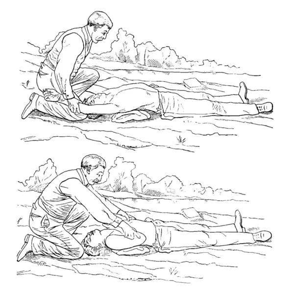 Человек Помогающий Другому Человеку Упражнениями Растягивая Руки Рисуя Винтажные Линии — стоковый вектор