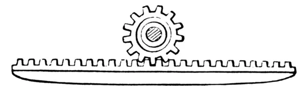 円運動を直線運動 ヴィンテージライン描画または彫刻イラストに変換するために使用されるラックギアと小さなピニオンギヤ付きのギアシステム — ストックベクタ