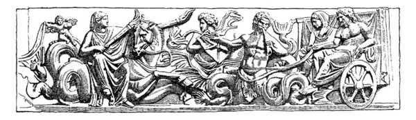 ポセイドンとアンフィライトの結婚式の典型的な表現 海の神ポセイドン 美しい海の女神とニンフと恋に落ちた アンフィポリス ギリシャ神話によると ヴィンテージラインの図面や彫刻イラスト — ストックベクタ