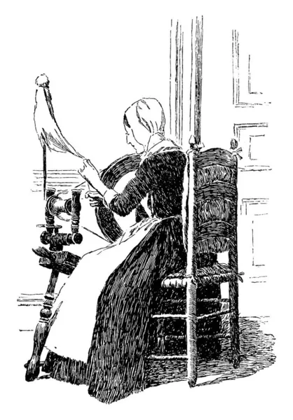 Una Mujer Sentada Una Silla Girando Rueda Dibujo Línea Vintage — Vector de stock