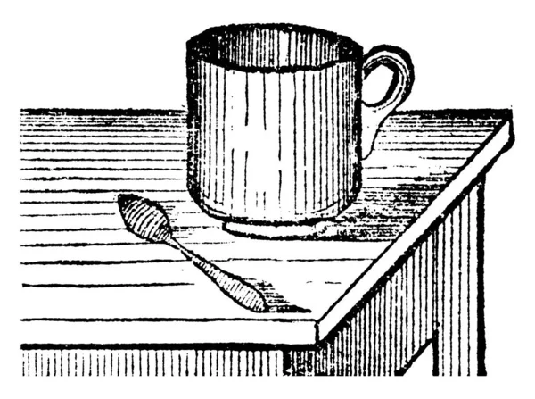 茶杯一种简单设计的茶杯 有勺子 老式线条或雕刻插图 — 图库矢量图片