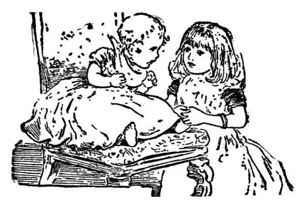 Типове Зображення Двох Сестер Які Грають Свинка Пішла Ринок Вінтажний — стоковий вектор