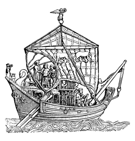 A trading ship with different people, vintage line drawing or engraving illustration.