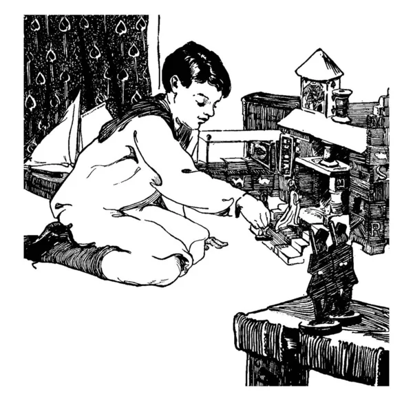 Типове Зображення Маленького Хлопчика Який Сидить Підлозі Грає Своїми Іграшками — стоковий вектор
