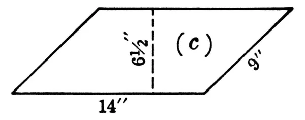 平行四边形 底部为14英寸 高度为6英寸半 面积为B 高度为基准 老式线条绘图或雕刻插图的乘积 — 图库矢量图片