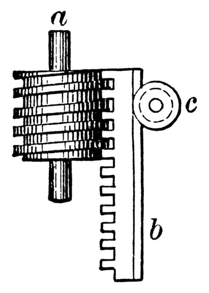 齿轮系统带有齿轮齿轮和蜗轮的齿轮系统 用于将圆周运动转化为整形运动 复古线条绘图或雕刻插图 — 图库矢量图片