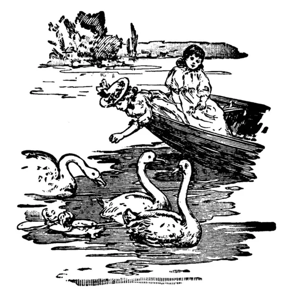Типичное Изображение Двух Маленьких Девочек Плывущих Одной Лодке Восхищающихся Лебедей — стоковый вектор