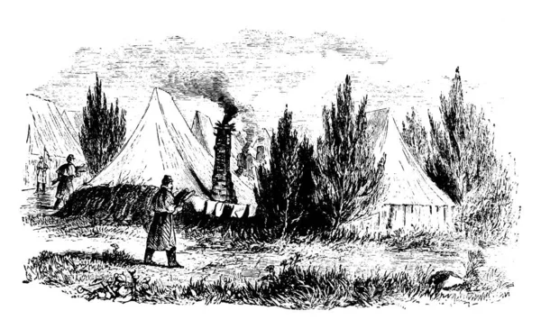 収集し 彼のキャンプに向かって森を運ぶ人は それを燃焼し 彼のキャンプを暖めるために ヴィンテージライン図面や彫刻イラスト — ストックベクタ