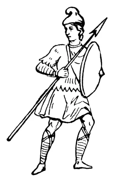 軍の衣装 服やアクセサリーの典型的な表現は サクソン人が身に着けていた ここに示すのは この衣装に身を包んだ男性 ヴィンテージラインのドローイングや彫刻イラストです — ストックベクタ