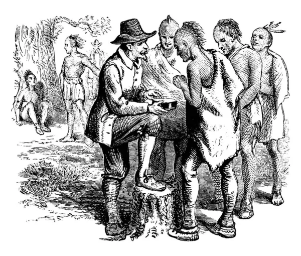 Gambar Tersebut Menggambarkan Smith Menunjukkan Kompas Kepada Penduduk Asli Amerika - Stok Vektor