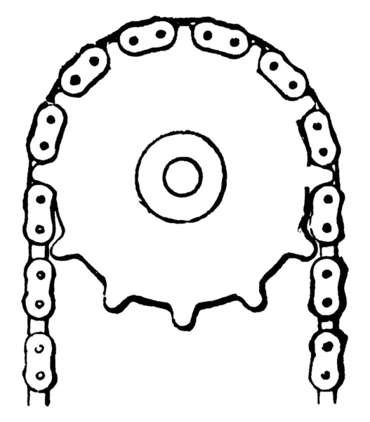 A profiled wheel or sprocket wheel with teeth that mesh with a chain; upon which radial projections engage a chain passing over it. Used in bicycles to transmit rotary motion between two shafts, vintage line drawing or engraving illustration — Stock Illustration Profiled Wheel Sprocket Wheel Teeth Mesh Chain Which Radial Projections Royalty Free Stock Illustrations