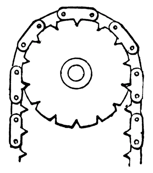 A profiled wheel or sprocket wheel with teeth that mesh with a chain; upon which radial projections engage a chain passing over it. Used in bicycles to transmit rotary motion between two shafts, vintage line drawing or engraving illustration — Stock Illustration Profiled Wheel Sprocket Wheel Teeth Mesh Chain Which Radial Projections Royalty Free Stock Illustrations