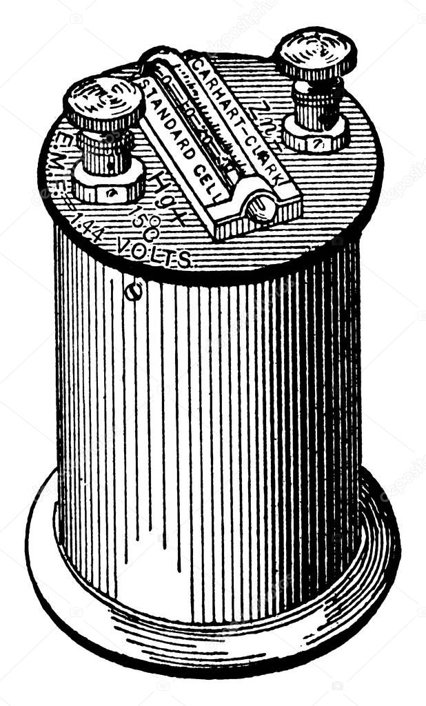 A galvanic cell or voltaic cell is an electrochemical cell that derives electrical energy from spontaneous redox reactions taking place within the cell, vintage line drawing or engraving illustration.