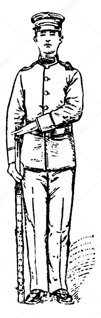 The picture depicts, rifle salute by carrying the left hand smartly to the right side, palm of the hand down, thumb and fingers extended and joined, forefinger against piece near the muzzle, vintage line drawing or engraving illustration 
