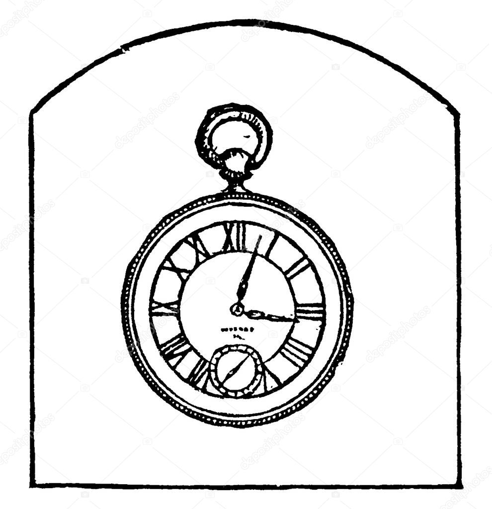 A small pocket watch in simple design, vintage line drawing or engraving illustration.