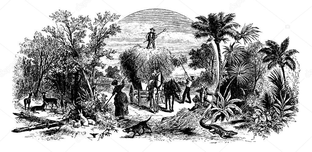 Image showing organic life of people in forest who are working in their daily routines, vintage line drawing or engraving illustration.