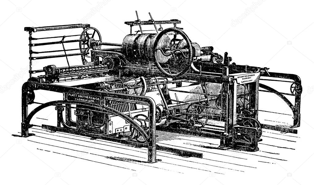 The mule, an agricultural machine, an inventive contribution to the cotton trade, vintage line drawing or engraving illustration.