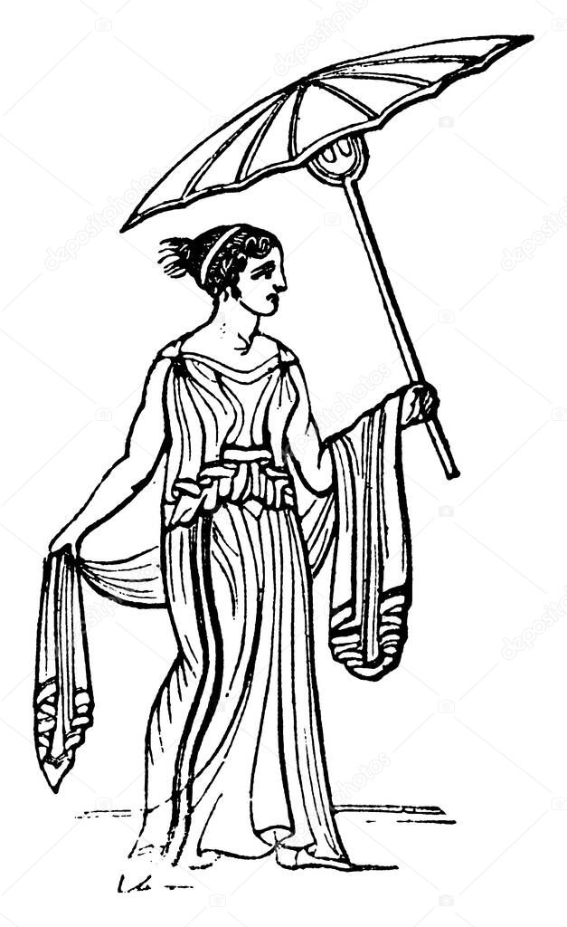 Umbraculum, Umbella, a parasol, was used by Greek and Roman ladies as a protection against the sun. They were carried by female slaves who held them over their mistresses, vintage line drawing or engraving illustration 
