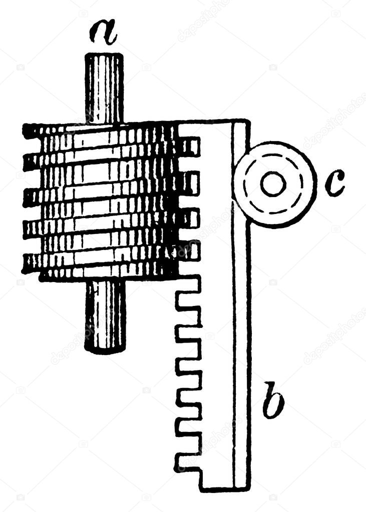 A gear system with a rack gear and worm gear, used to convert circular motion to rectilinear motion, vintage line drawing or engraving illustration.