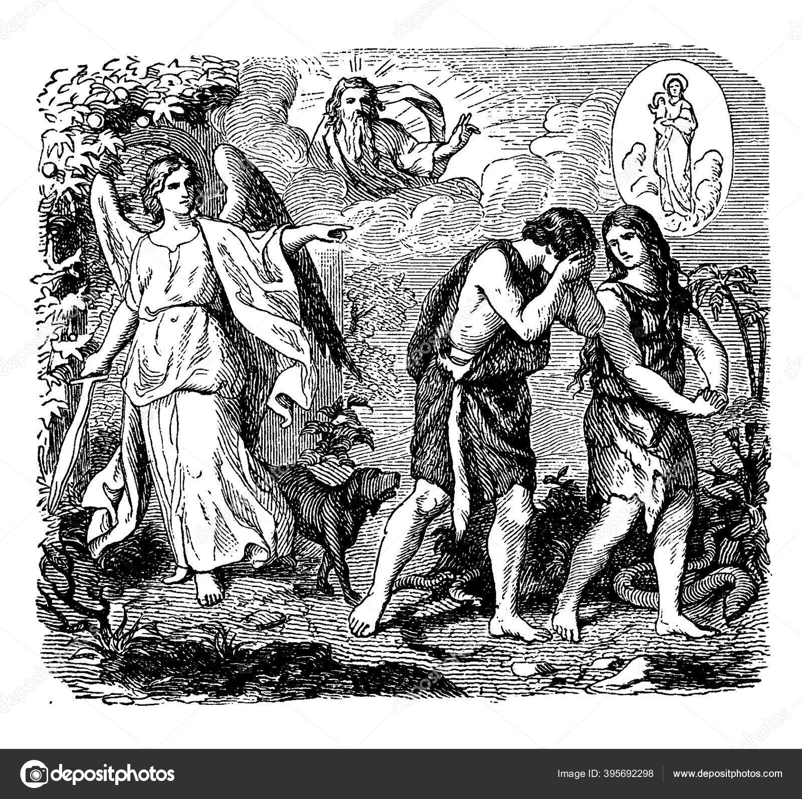 这幅画描绘了耶和华神把亚当和他的妻子夏娃赶出伊甸园的情景图库矢量图©Morphart 395692298