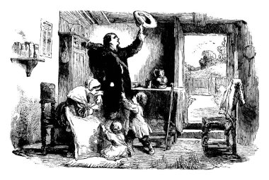 Roger Williams 'ın evinden ve ailesinden ayrılırken şapkasını kaldırdığını gösteren bir resim. Karısı elini tutuyor ve iki çocukla çevrili. Klasik çizim ya da gravür resmi..