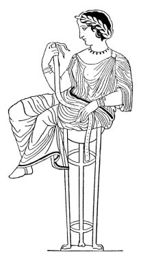 Pythia, Delphi 'deki Apollo' nun rahibesi, bir tabureye oturmuş, klasik çizim ya da gravür çizimi yapıyordu..