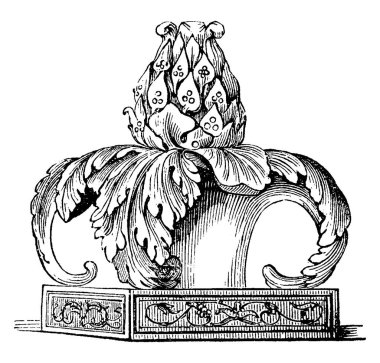 Sarmaşığın yaprakları ve böğürtlenlerinden oluşmuş ve etrafı asanthus yapraklarıyla çevrili bir titre başı. Sık sık, aynı zamanda, bir süre fileto kafanın hemen altındaki direğe bağlandı, vintage çizim ya da gravür çizimi 