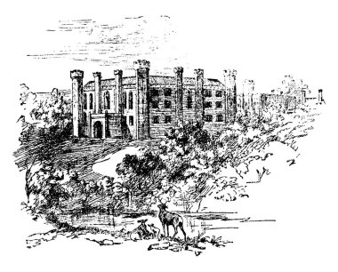 Washington Old Hall 'un bir çizimi. Willian de Wessyngton, Amerika Birleşik Devletleri 'nin ilk başkanı George Washington' ın ön ayısıydı..