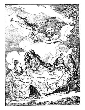 Polonya 'nın 2. Catherine, 2. Joseph ve 2. Frederick arasındaki sınırlarla bölünmesi, klasik çizgi çizimi veya gravür çizimi.